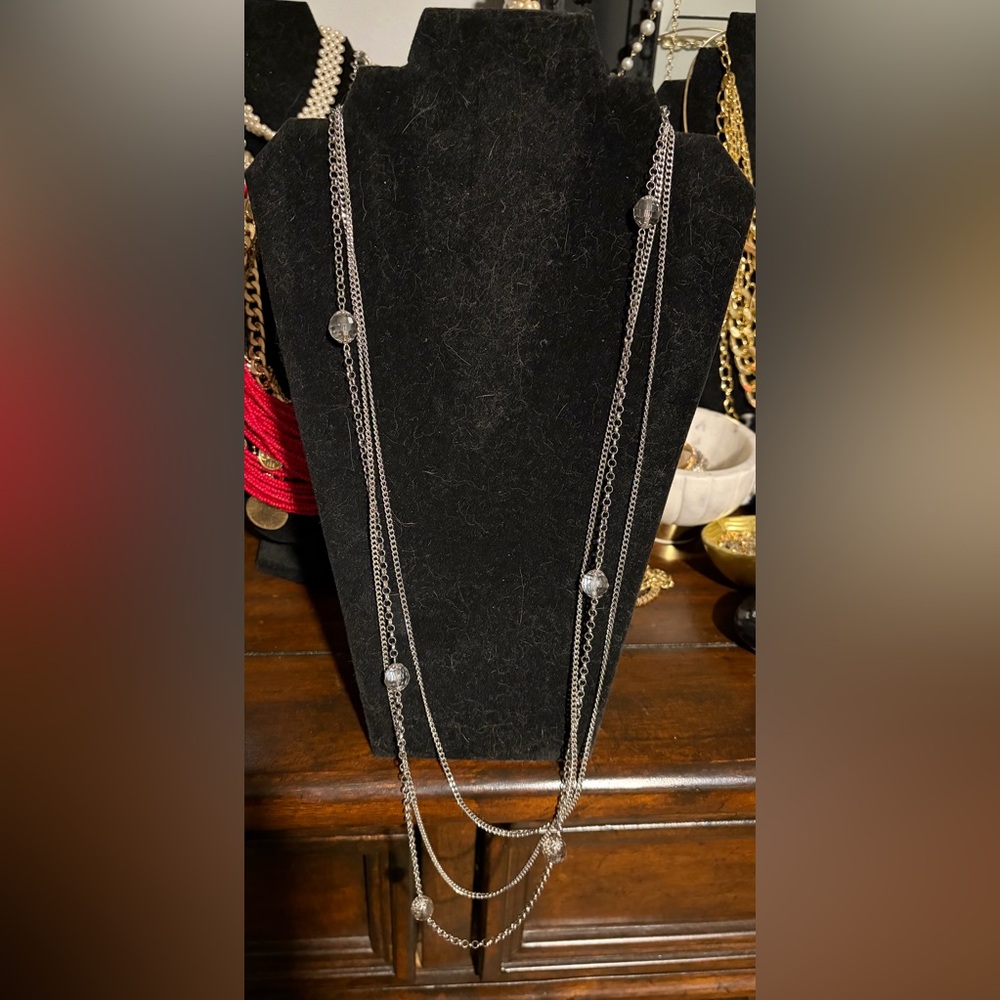 Silver‎ Tone Multi Strand Layered Necklace with Clear Faceted Beads Boho Long